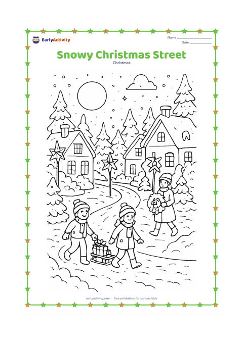 Colouring page: A warmly decorated village street curves past several homes, with children pulling a small sled of gifts, an adult carrying a wreath, glowing star lanterns, snow-covered trees, and…