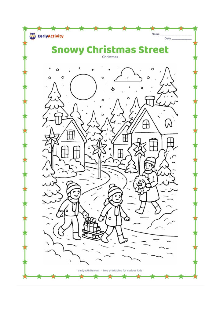 Colouring page: A warmly decorated village street curves past several homes, with children pulling a small sled of gifts, an adult carrying a wreath, glowing star lanterns, snow-covered trees, and…