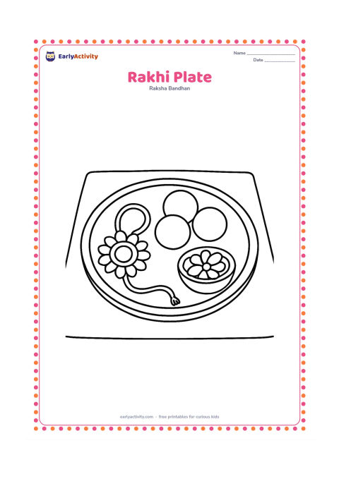 Colouring page: A round puja plate contains one large rakhi, three big sweets, and a small bowl of flower petals. Place the plate on a plain floor mat with generous empty space around it.