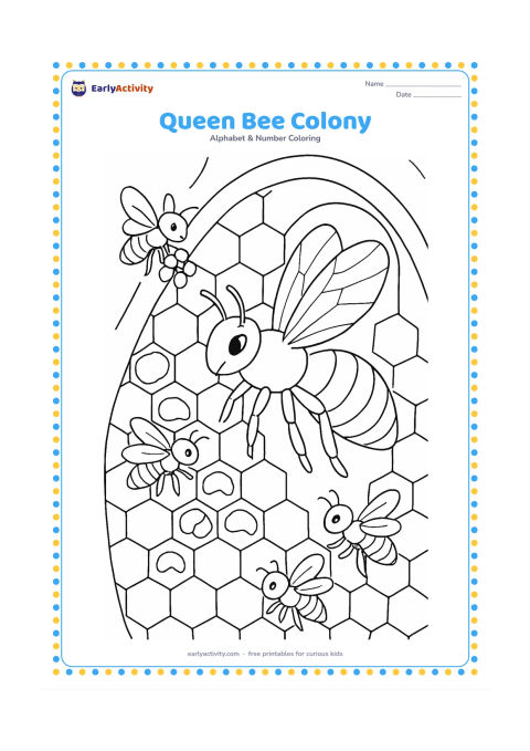 Colouring page: A large queen bee moves through the inside of a beehive while worker bees tend rows of honeycomb. Show open cells, a few larvae shapes, and bees carrying pollen from flowers outside the…