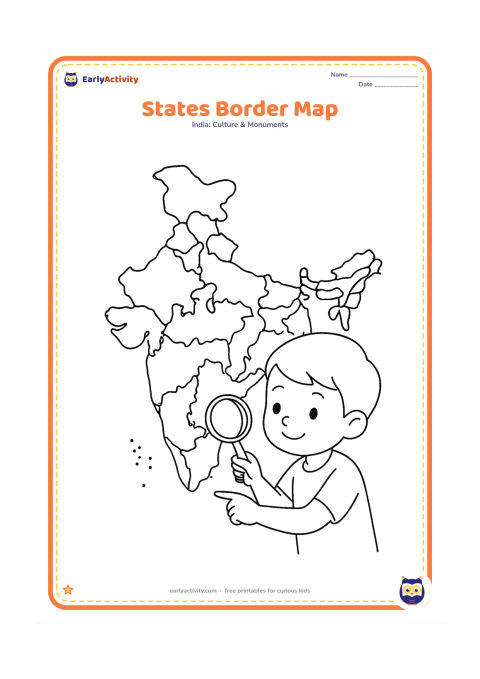 Colouring page: Draw a recognizable India map divided into simplified state-like sections with clear internal borders, including the coastline and detached island groups. Add a magnifying glass beside…