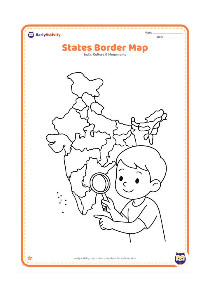 Colouring page: Draw a recognizable India map divided into simplified state-like sections with clear internal borders, including the coastline and detached island groups. Add a magnifying glass beside…