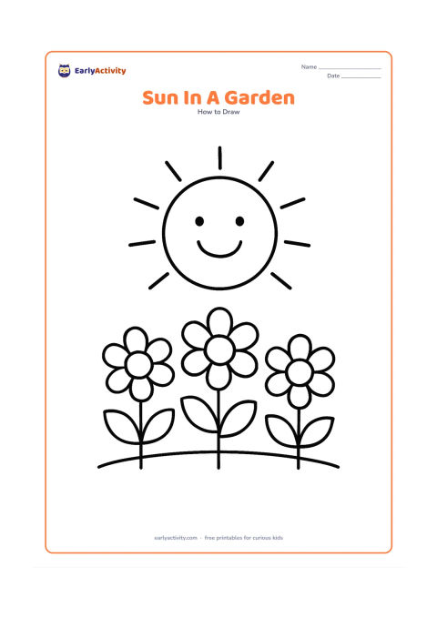 Worksheet: Show a large smiling sun above a simple garden with three big flowers, rounded leaves and a low ground line. Keep the sun clearly higher than the plants.