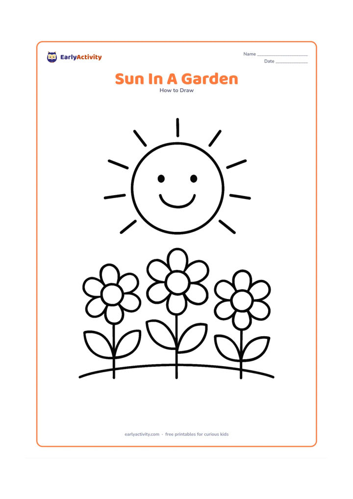 Worksheet: Show a large smiling sun above a simple garden with three big flowers, rounded leaves and a low ground line. Keep the sun clearly higher than the plants.
