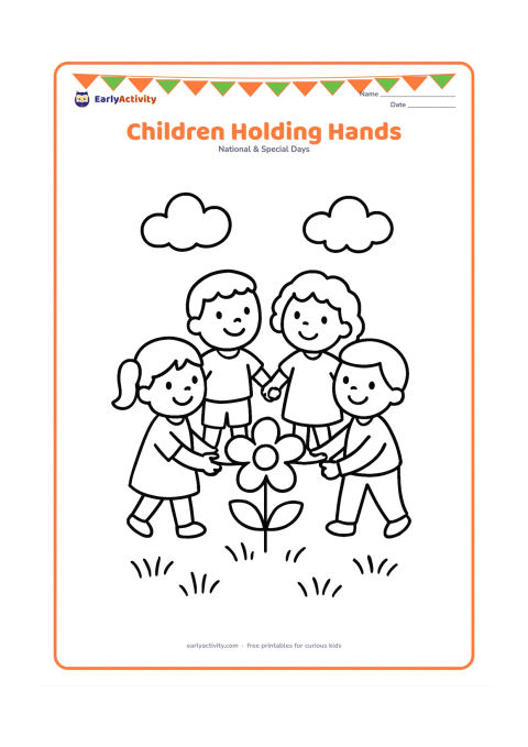 Colouring page: Four happy children hold hands in a short circle around a large flower, with simple grass and clouds below and above them. Give each child a different hairstyle or outfit shape.