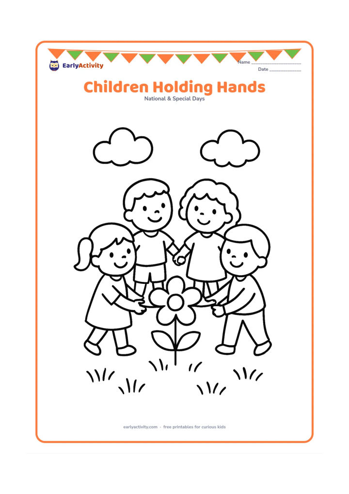 Colouring page: Four happy children hold hands in a short circle around a large flower, with simple grass and clouds below and above them. Give each child a different hairstyle or outfit shape.