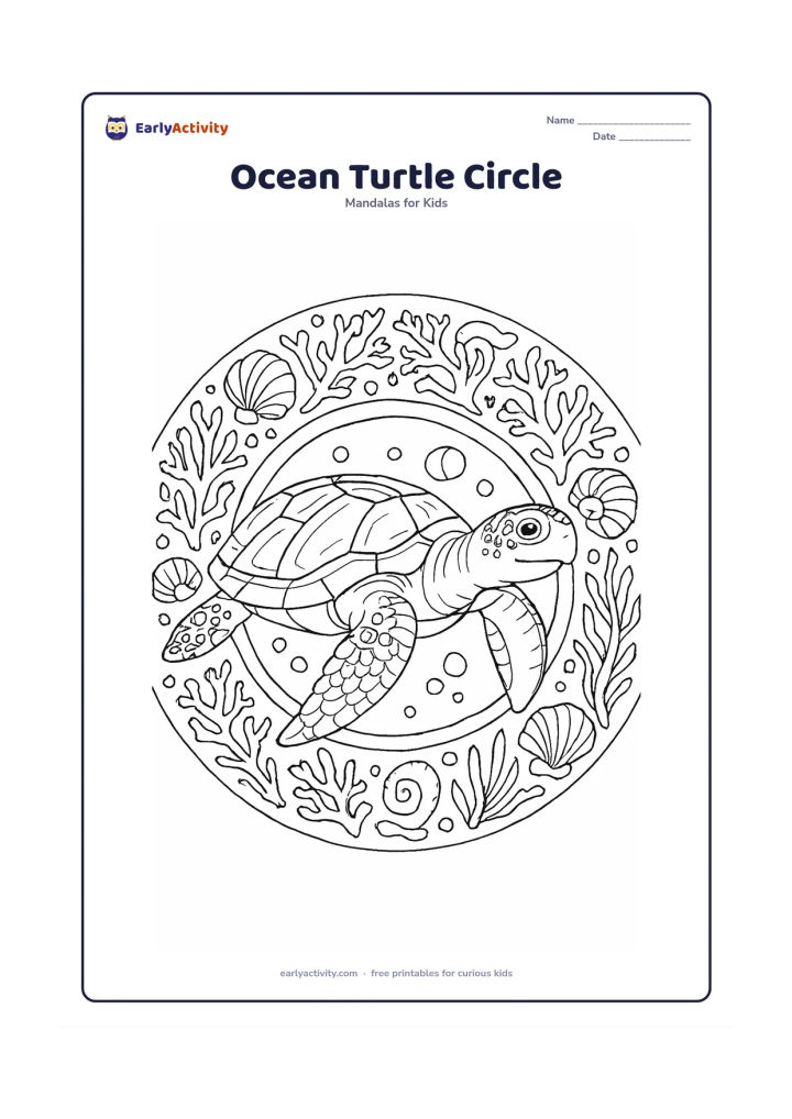 Colouring page: A detailed circular mandala with a sea turtle swimming through the central ring, surrounded by repeated coral branches, shells, bubbles, waves, and sea plants. Give the turtle a relaxed…