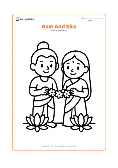 Colouring page: Ram and Sita stand together holding a flower garland between them, with two large lotus flowers and a simple ground line. Keep their poses welcoming and centered.
