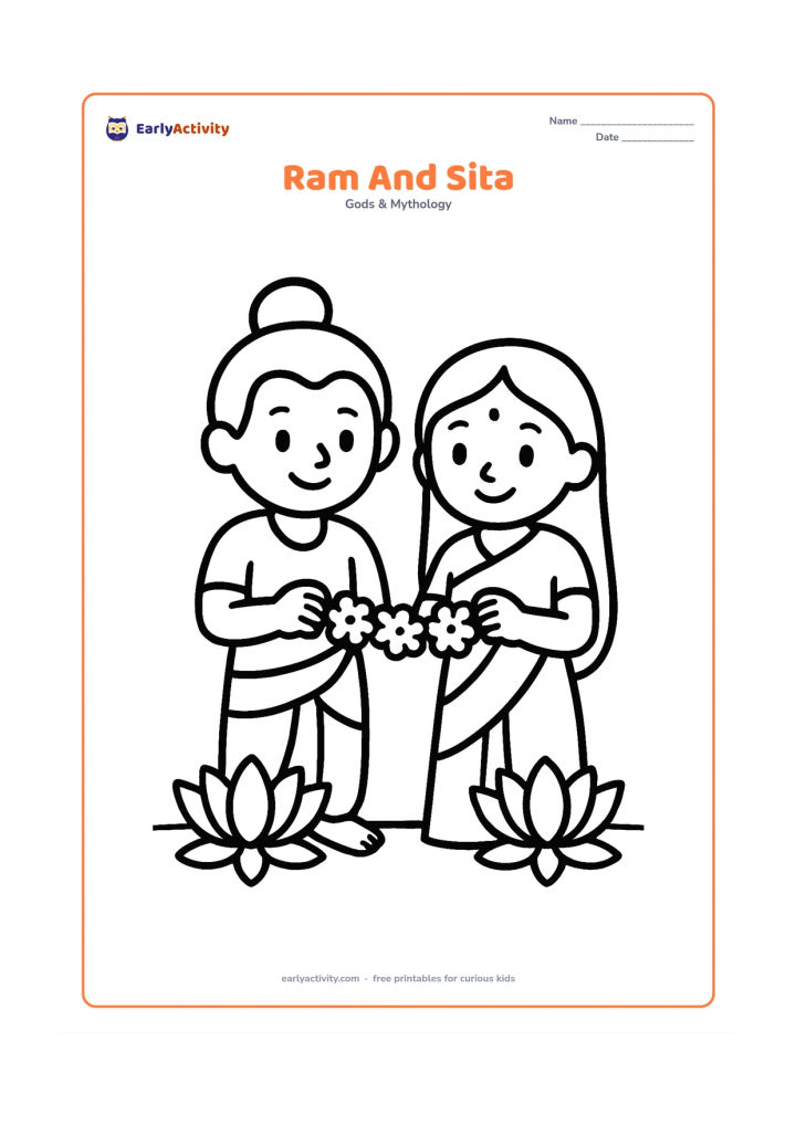 Colouring page: Ram and Sita stand together holding a flower garland between them, with two large lotus flowers and a simple ground line. Keep their poses welcoming and centered.