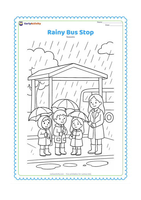 Colouring page: Several children and one adult wait safely under a simple covered bus shelter while rain falls outside. Add umbrellas, gumboots, puddles, a roadside tree and a plain bus in the…