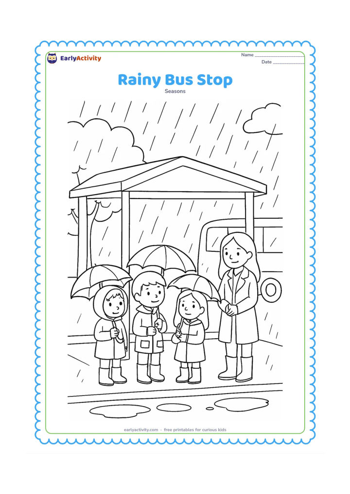 Colouring page: Several children and one adult wait safely under a simple covered bus shelter while rain falls outside. Add umbrellas, gumboots, puddles, a roadside tree and a plain bus in the…