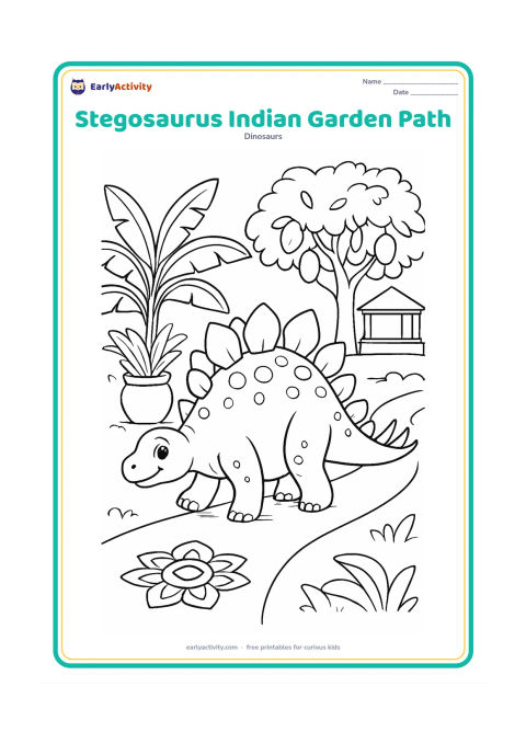 Colouring page: Draw a friendly stegosaurus following a garden path past a plain clay pot, banana leaves, a mango tree, a low wall, and a simple geometric rangoli at the path entrance. Include a small…