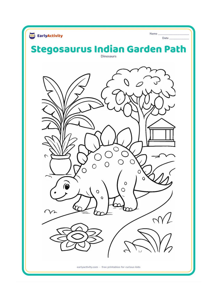 Colouring page: Draw a friendly stegosaurus following a garden path past a plain clay pot, banana leaves, a mango tree, a low wall, and a simple geometric rangoli at the path entrance. Include a small…
