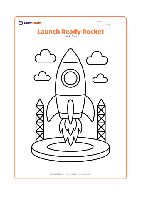 Worksheet: An upright rocket stands on a circular launch pad with a pointed nose, two fins, three flames, a round window and two small support towers. Add a few clouds in the background and no text…