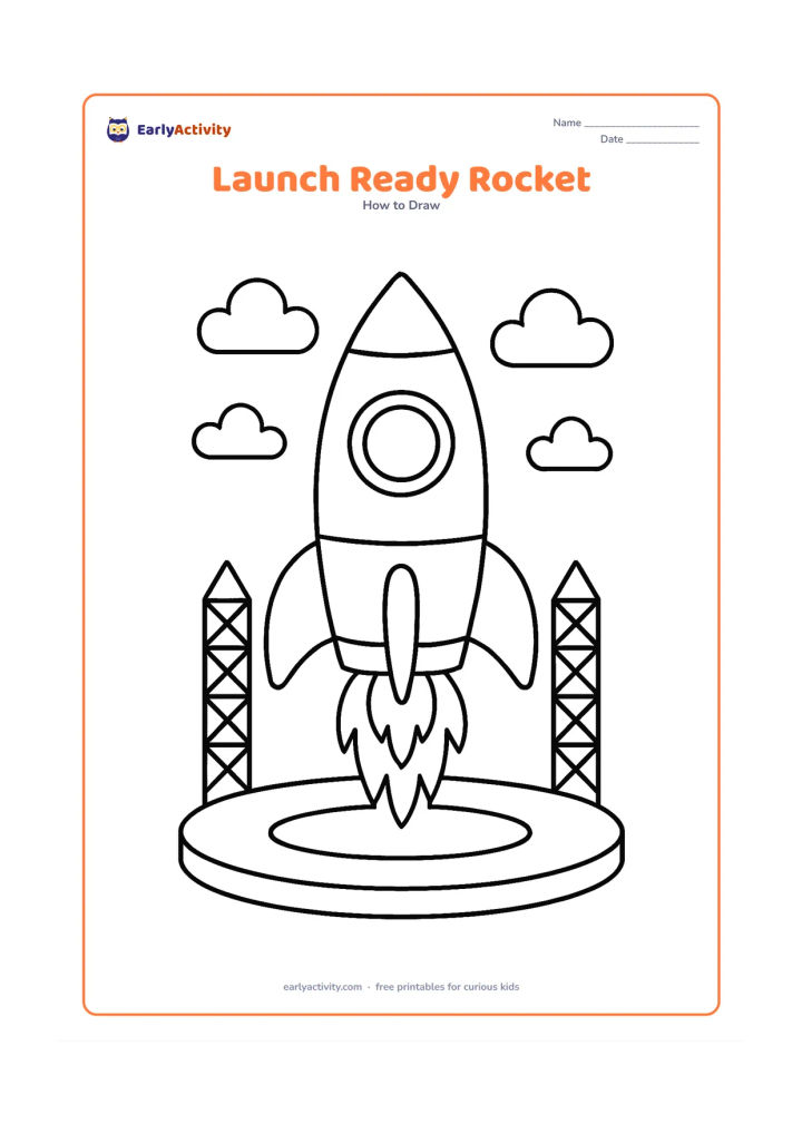Worksheet: An upright rocket stands on a circular launch pad with a pointed nose, two fins, three flames, a round window and two small support towers. Add a few clouds in the background and no text…