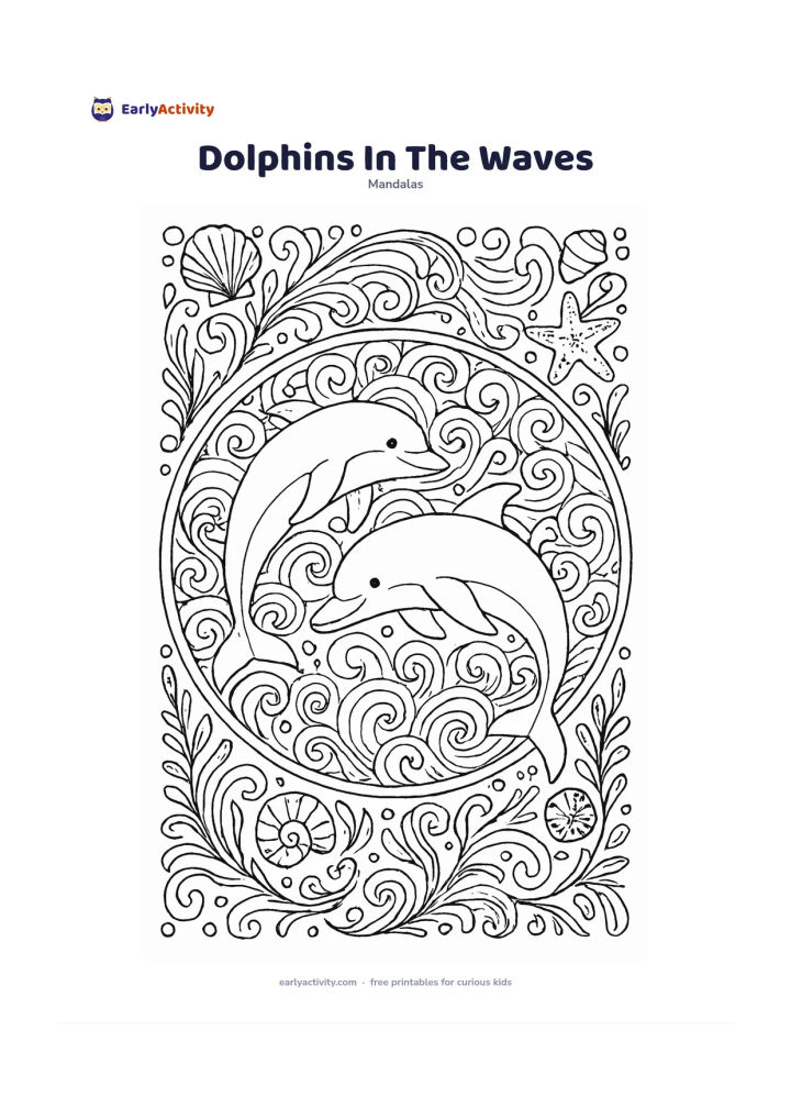 Colouring page: Show two cheerful dolphins leaping in opposite directions around the central circle, with their bodies creating a balanced swirl. Fill the surrounding rings with wave curls, bubbles,…