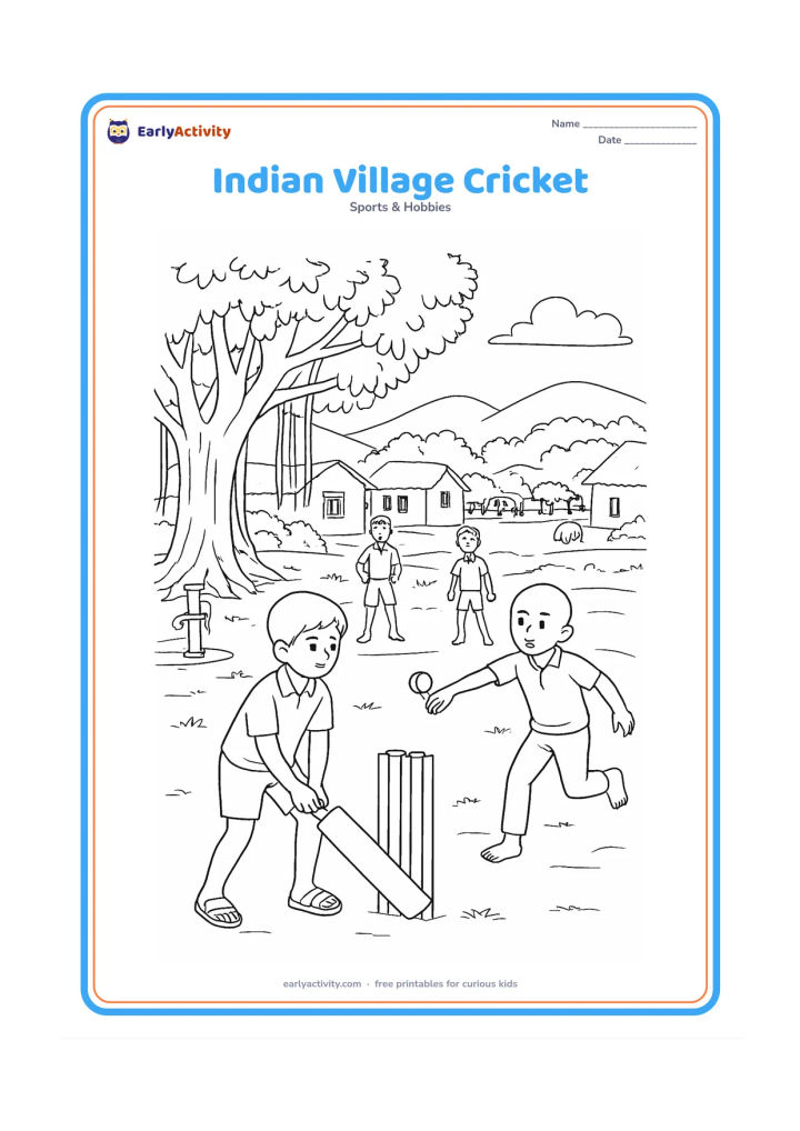 Colouring page: Children play cricket on an Indian village field between a batter, bowler and distant fielders. Add a banyan tree, mud-brick homes, a hand pump, a bicycle, grazing cows beyond the…