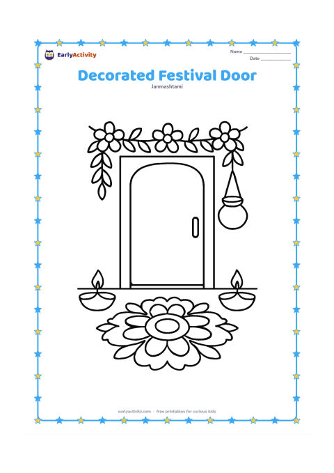Colouring page: Draw the entrance of an Indian home decorated with a broad flower garland, two clay lamps, and a large rangoli on the floor. Include a simple matki hanging near the doorway.