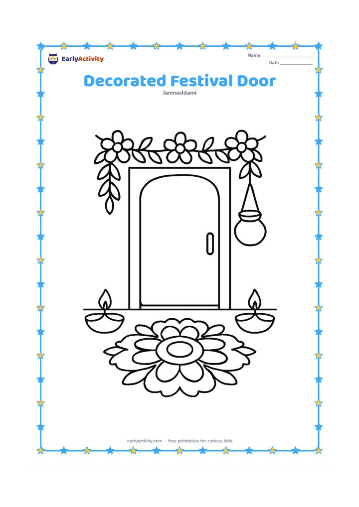 Colouring page: Draw the entrance of an Indian home decorated with a broad flower garland, two clay lamps, and a large rangoli on the floor. Include a simple matki hanging near the doorway.