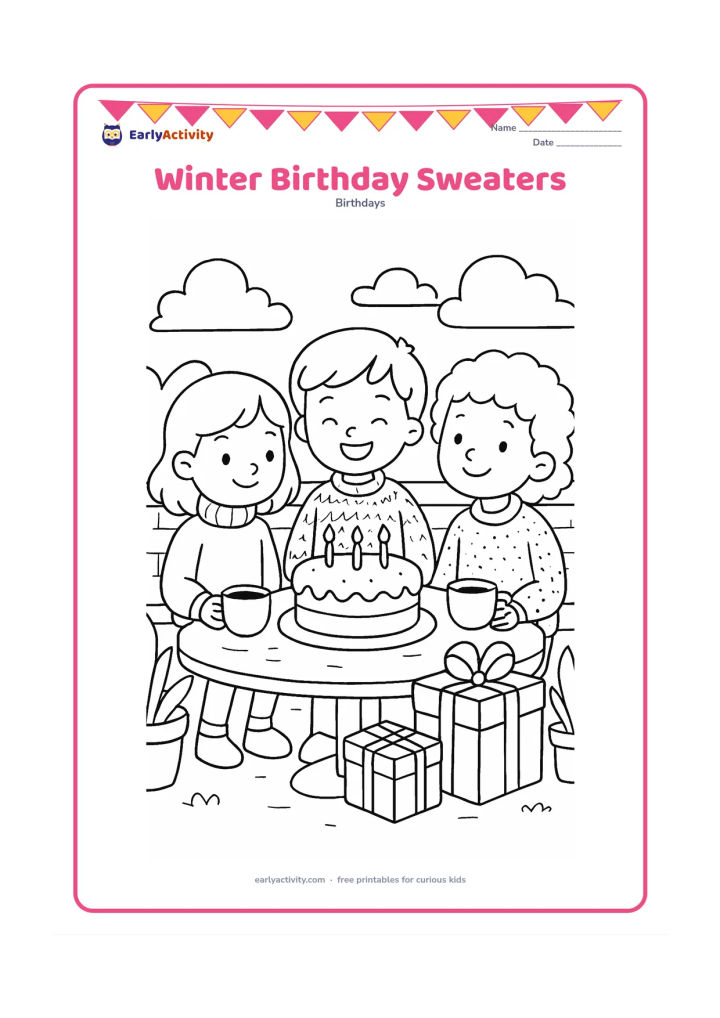 Colouring page: Three children in warm sweaters gather around a small outdoor birthday table on a cool morning, with a cake, steaming cups and gifts. Include potted plants, a low wall and soft-looking…