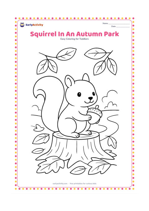 Colouring page: Draw a squirrel sitting on a tree stump and holding an acorn. Surround it with broad fallen leaves, a winding park path and a few branches overhead.