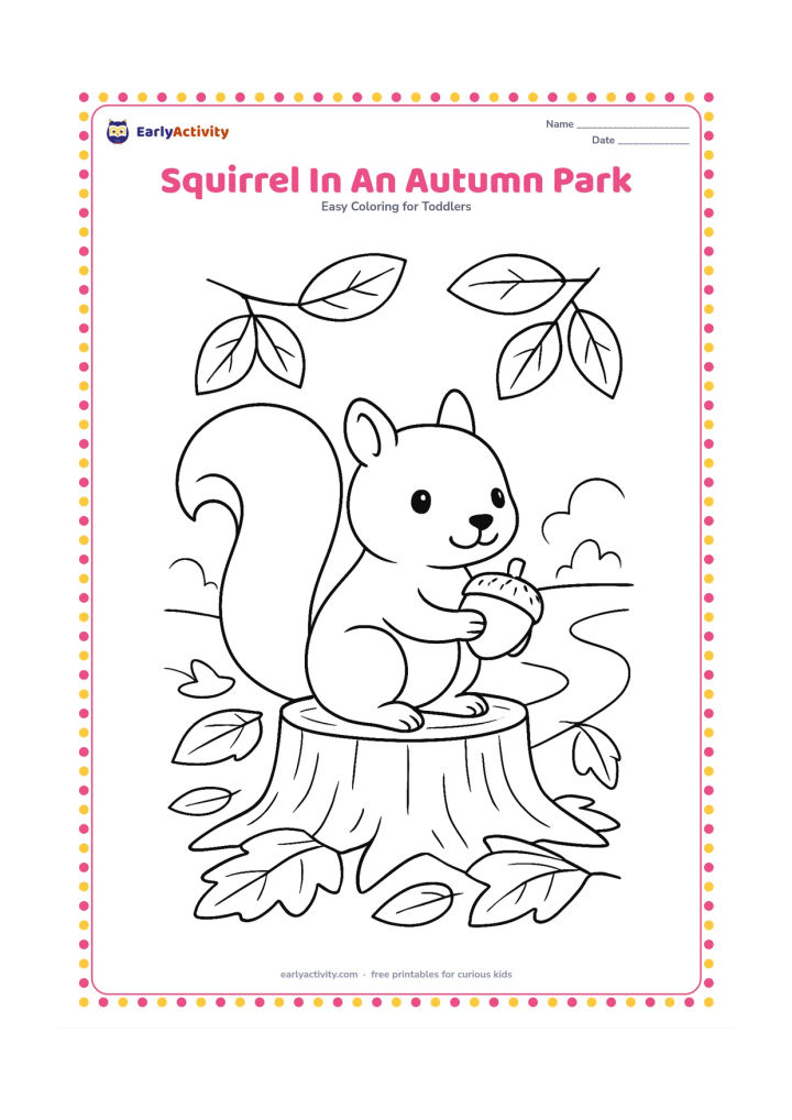 Colouring page: Draw a squirrel sitting on a tree stump and holding an acorn. Surround it with broad fallen leaves, a winding park path and a few branches overhead.