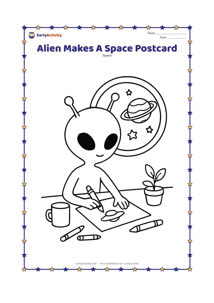 Colouring page: Draw an alien seated at a desk, drawing a picture on a completely blank postcard while looking through a round window at a planet and stars. Include crayons, a mug, and a small potted…