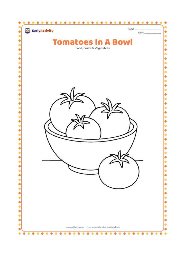 Colouring page: Draw three tomatoes of different sizes inside a kitchen bowl, with one tomato resting beside it and a simple table underneath. Add small stem details.