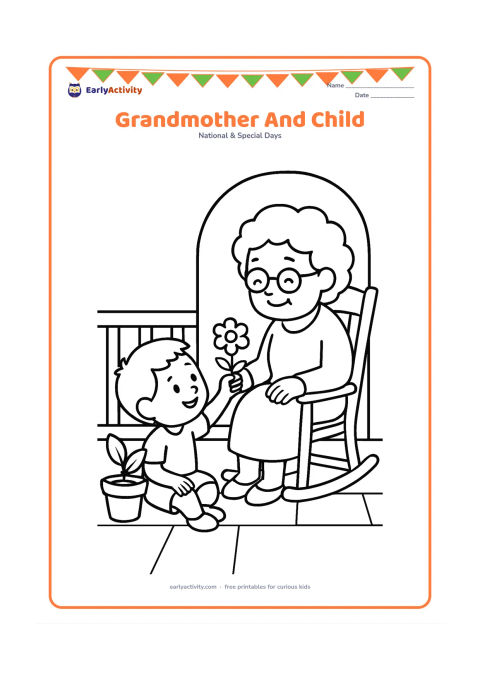Colouring page: A child sits beside a smiling grandmother on a veranda, offering her a flower. Include a potted plant, a rocking chair and a few simple floor tiles.
