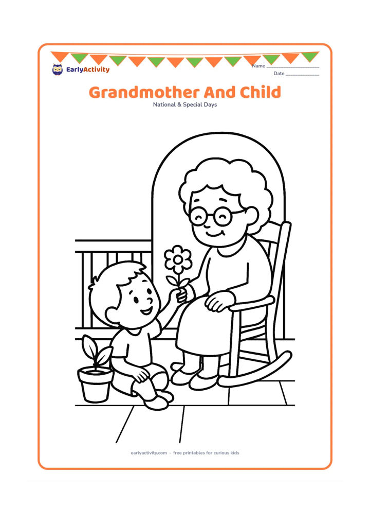 Colouring page: A child sits beside a smiling grandmother on a veranda, offering her a flower. Include a potted plant, a rocking chair and a few simple floor tiles.