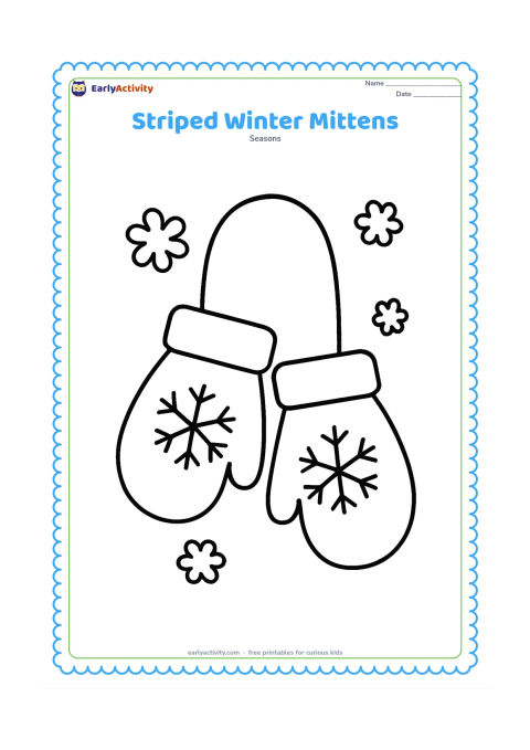 Colouring page: Two large mittens hang side by side from a short cord, with broad bands and simple snowflake shapes on their cuffs. Add a few rounded snowflakes around them.