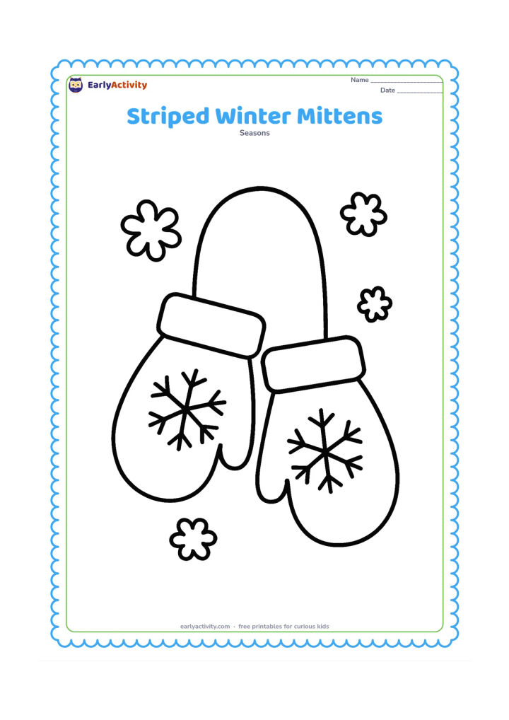 Colouring page: Two large mittens hang side by side from a short cord, with broad bands and simple snowflake shapes on their cuffs. Add a few rounded snowflakes around them.