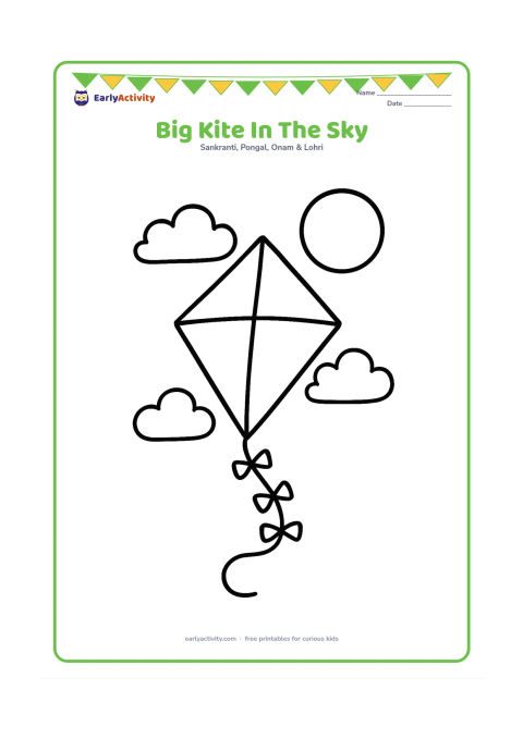 Colouring page: A large diamond-shaped kite with a short tail floating among three fluffy clouds and a round sun. Leave wide open sections in the kite and keep the background nearly empty.
