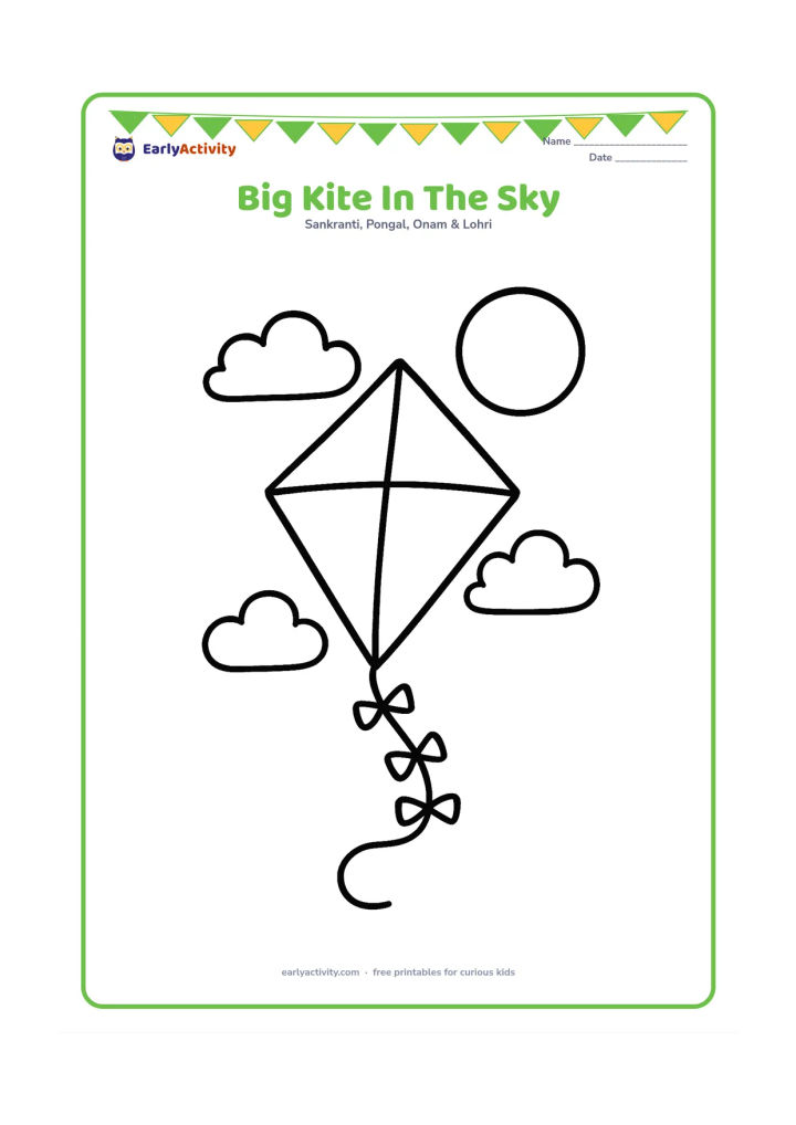 Colouring page: A large diamond-shaped kite with a short tail floating among three fluffy clouds and a round sun. Leave wide open sections in the kite and keep the background nearly empty.