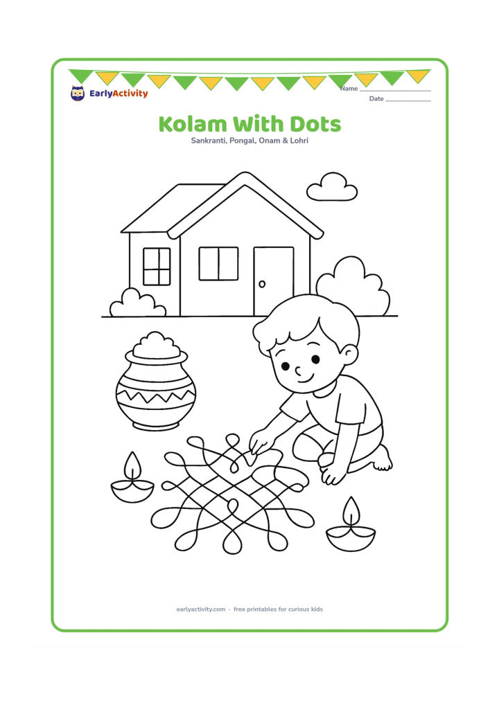 Colouring page: A child creates a symmetrical kolam outside a house by connecting evenly spaced dots with looping lines. Place a Pongal pot and two lamps at the edges, with no writing anywhere.