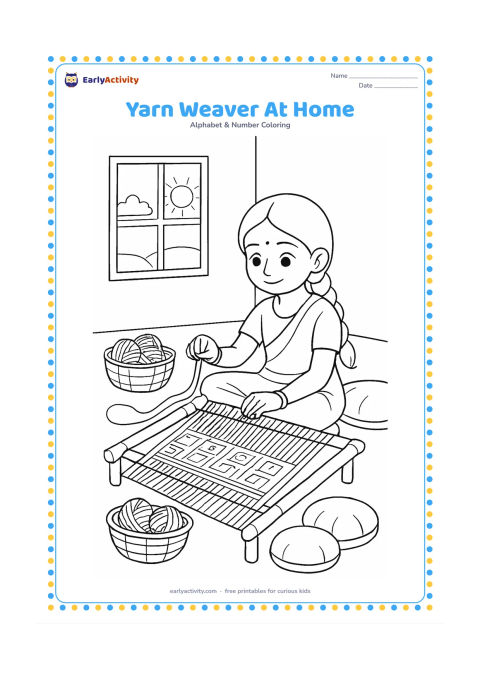 Colouring page: Draw an Indian child sitting beside a low weaving frame, guiding yarn through a simple geometric mat, with baskets of yarn, floor cushions, and a sunny window in the room.