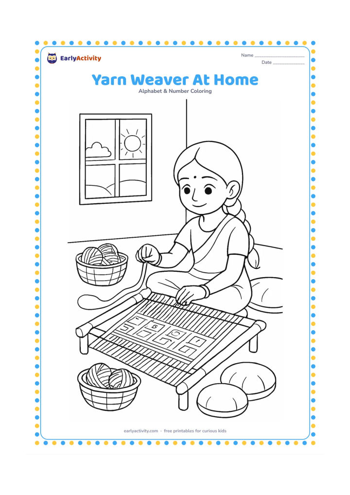Colouring page: Draw an Indian child sitting beside a low weaving frame, guiding yarn through a simple geometric mat, with baskets of yarn, floor cushions, and a sunny window in the room.