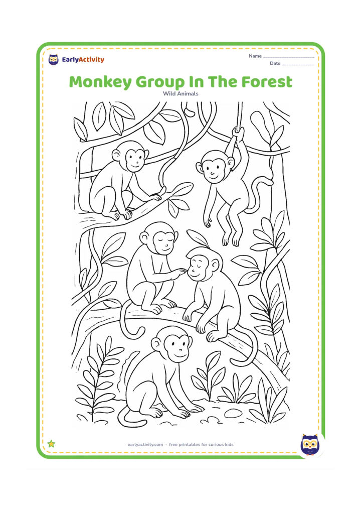 Colouring page: Draw a group of five friendly monkeys resting, grooming and climbing among several forest branches. Include different body positions, overlapping foliage, hanging vines and a forest…