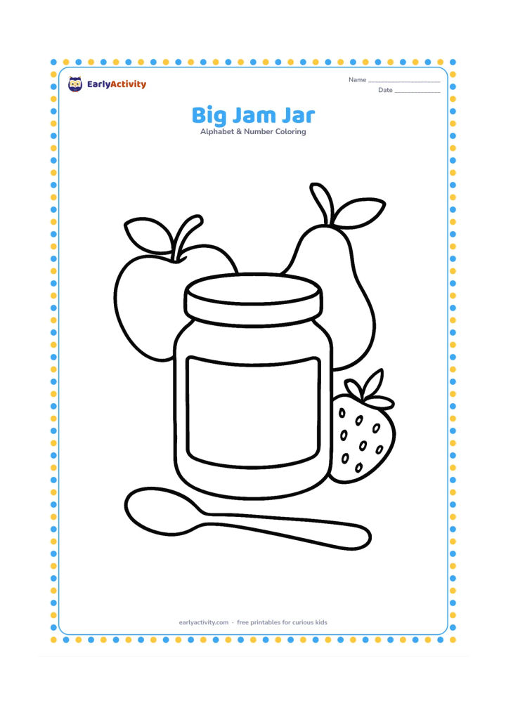 Colouring page: Draw one large open jam jar with a rounded lid beside it and a simple spoon resting near the jar. Add a few large fruit shapes behind it, with the jar centred and plenty of clear space…