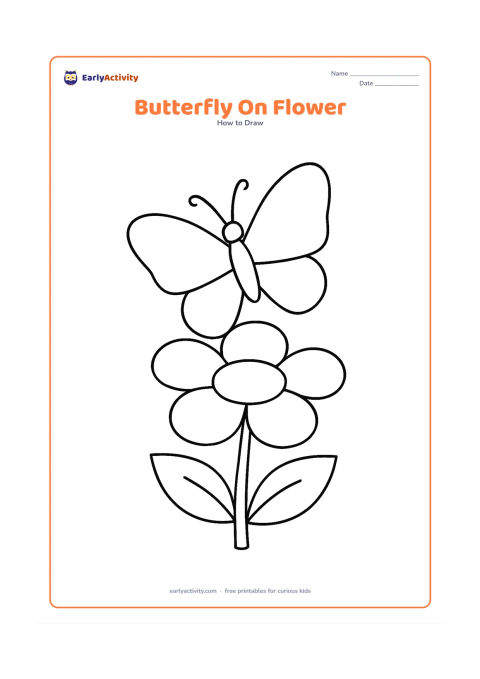 Worksheet: Show a large butterfly resting on a single oversized flower with a round centre and three broad petals. Include a simple stem and two leaves below, while keeping the butterfly wings open…