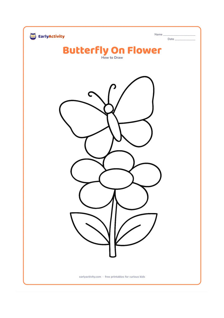 Worksheet: Show a large butterfly resting on a single oversized flower with a round centre and three broad petals. Include a simple stem and two leaves below, while keeping the butterfly wings open…