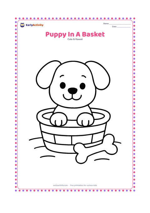 Colouring page: A happy puppy sits inside a low basket with its front paws over the rim. Add one large bone beside the basket and a few broad floor shapes.