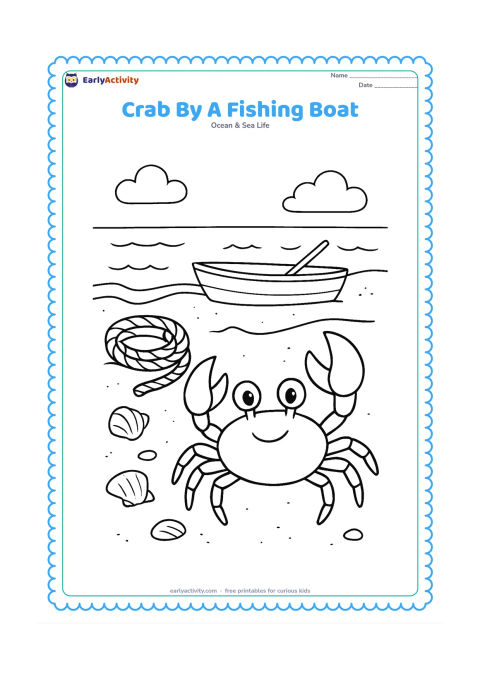 Colouring page: Place a crab in the foreground on a sandy Indian shore with a small simple fishing boat pulled up in the distance, a coil of plain rope, shells and gentle waves. The boat must have no…