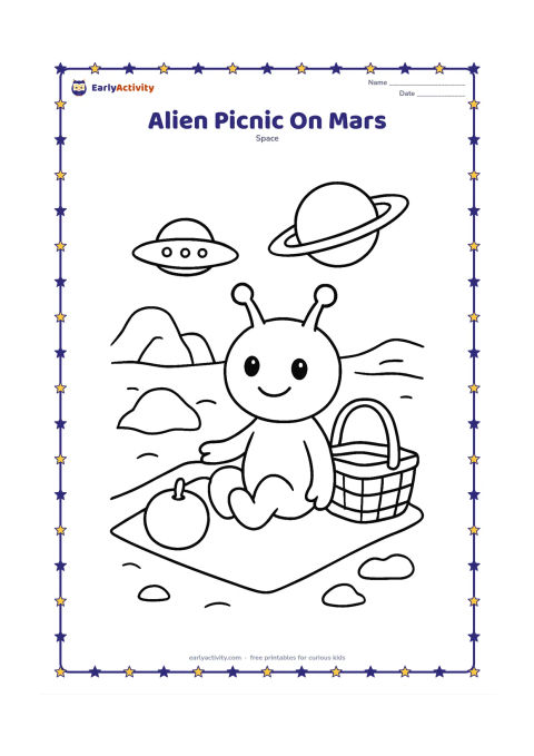 Colouring page: Draw a friendly alien sitting on a blanket beside a basket and round fruit on a rocky red-planet landscape. Include a simple saucer, two large rocks, and a distant ringed planet.