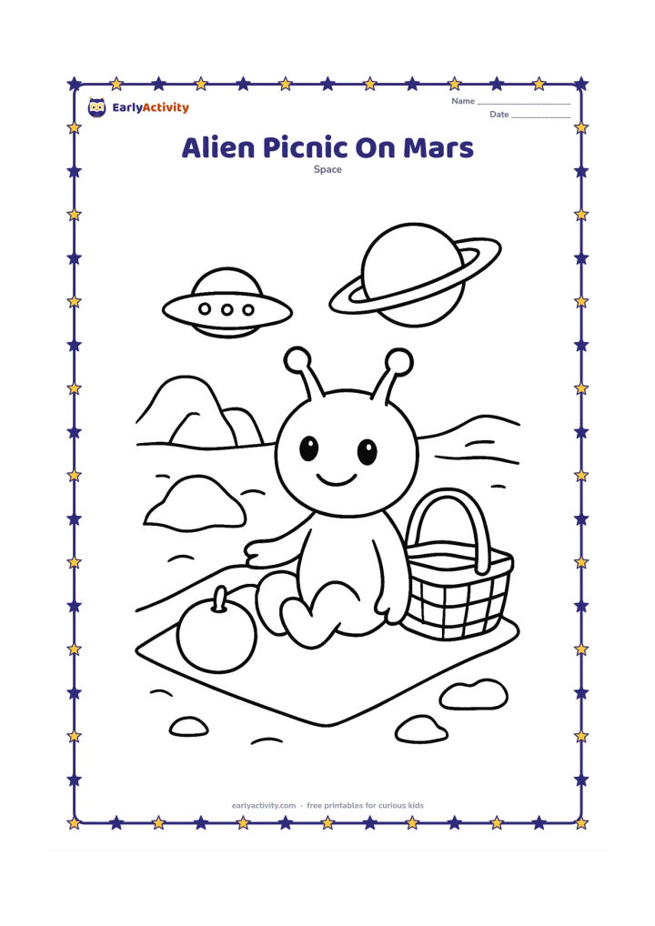 Colouring page: Draw a friendly alien sitting on a blanket beside a basket and round fruit on a rocky red-planet landscape. Include a simple saucer, two large rocks, and a distant ringed planet.