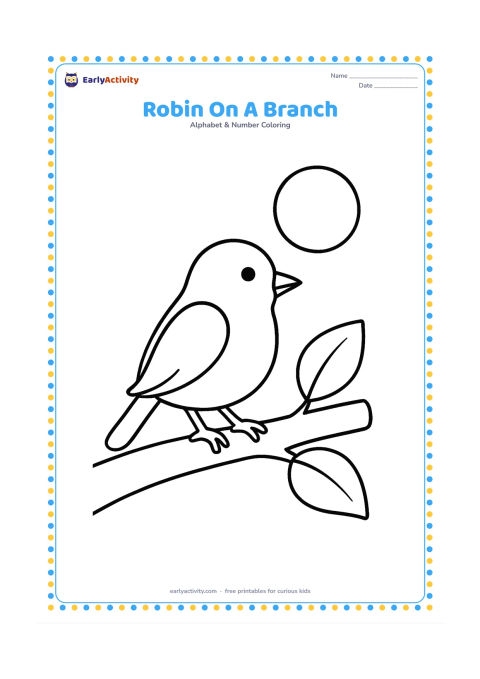 Colouring page: Draw a small robin perched on a thick branch, with two large leaves and a round sun behind it. Show the bird in side view with a clear beak, wing and feet.