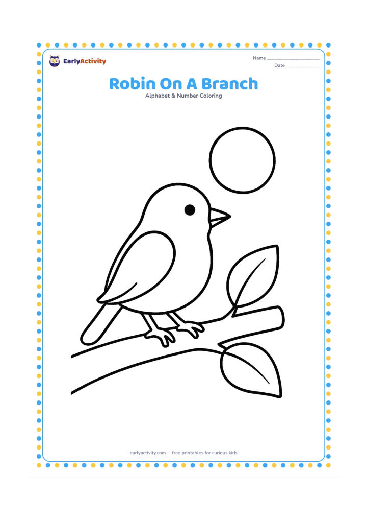 Colouring page: Draw a small robin perched on a thick branch, with two large leaves and a round sun behind it. Show the bird in side view with a clear beak, wing and feet.