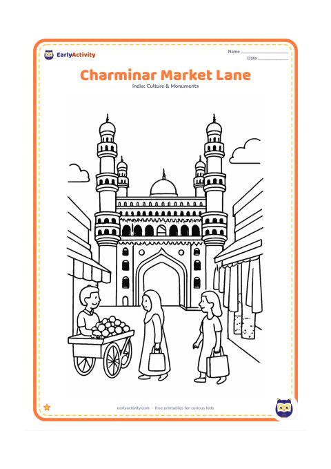 Colouring page: Show Charminar at the end of a lively but uncluttered lane, with four minarets, arched passages and a small domed roof. Include a fruit cart, two shoppers and hanging fabrics, but no…