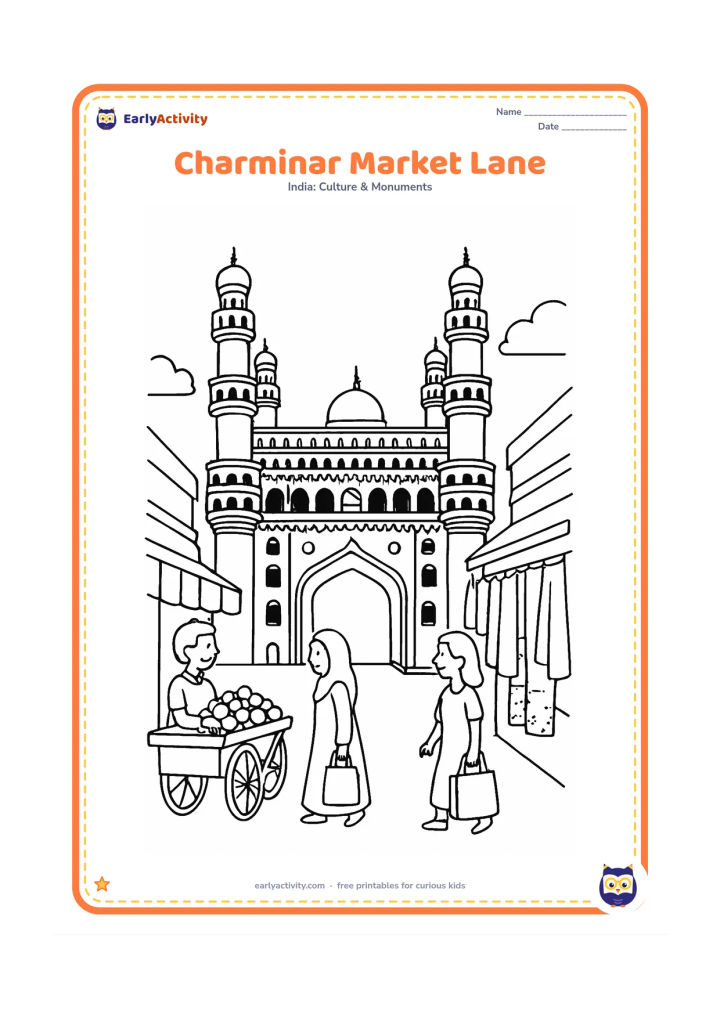 Colouring page: Show Charminar at the end of a lively but uncluttered lane, with four minarets, arched passages and a small domed roof. Include a fruit cart, two shoppers and hanging fabrics, but no…