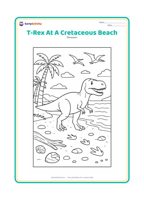 Colouring page: A T-Rex walks along a prehistoric beach beside gentle waves, with driftwood, shells, smooth stones, palms, flying pterosaurs, and a distant coastline. Add footprints trailing through the…